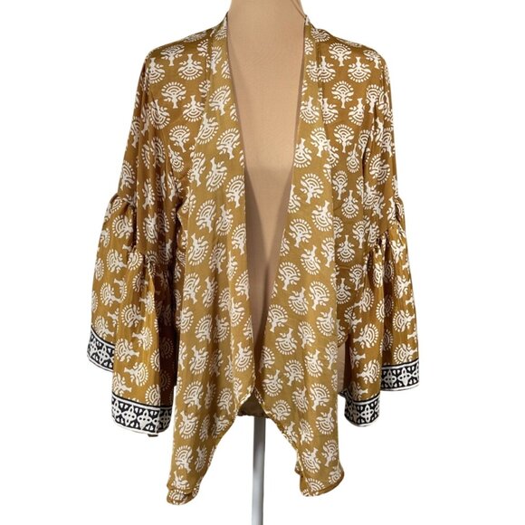 Elan Kimono Cardigan Satin Mustard Cream Bell Sleeve One Size - Picture 1 of 7